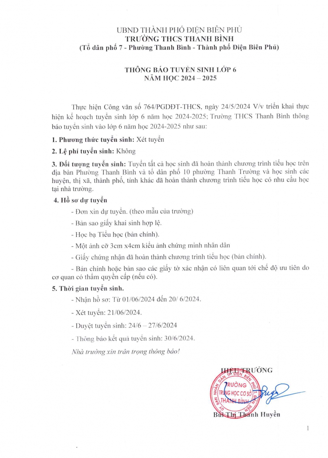 Thông báo tuyển sinh lớp 6